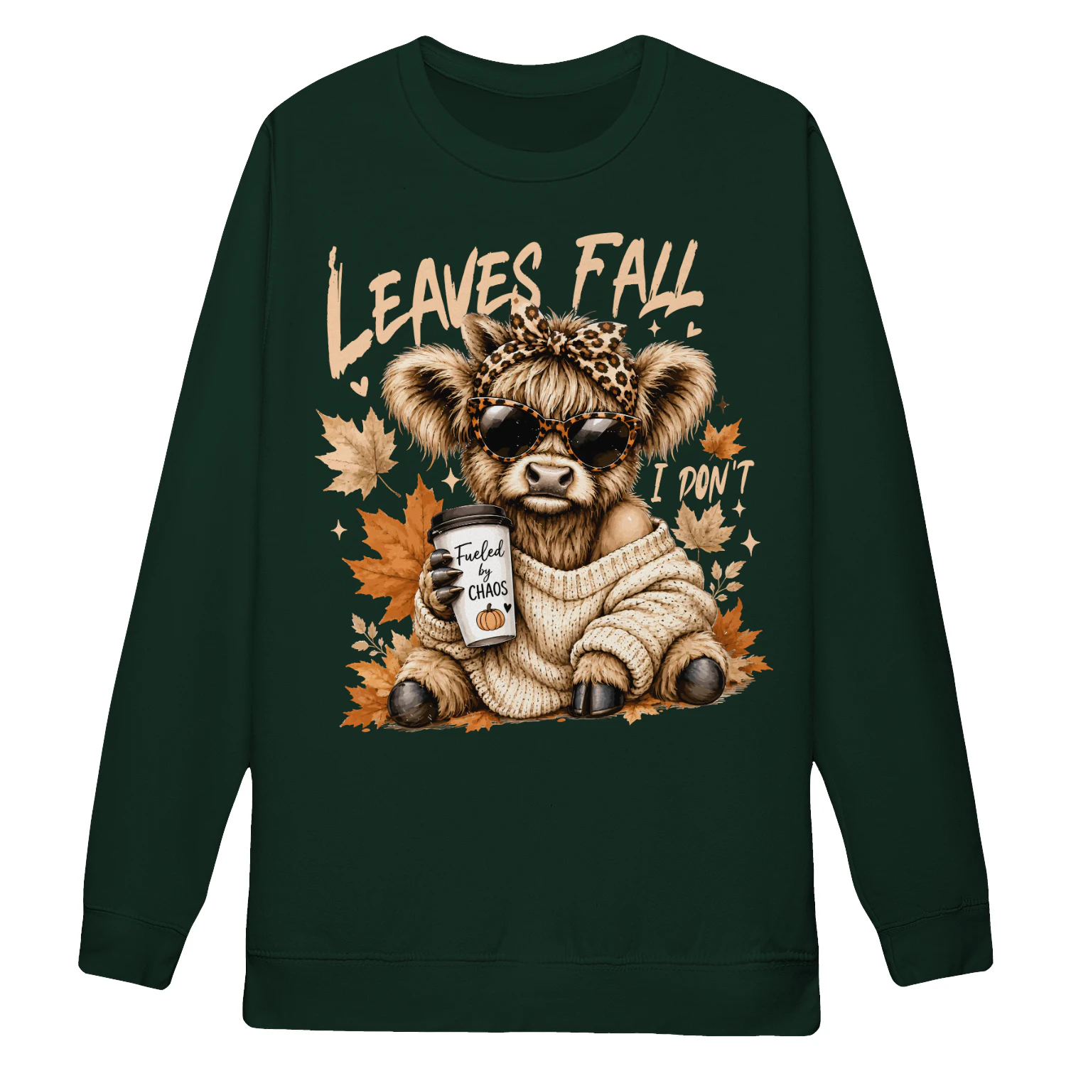 Highland Cow Fall Sweatshirt for Women - Funny "Leaves Fall I Don't" Graphic Crewneck - Coffee Lover Autumn Shirt - Leopard Bow Cow Shirt - Sarcastic Fall Aesthetic Apparel