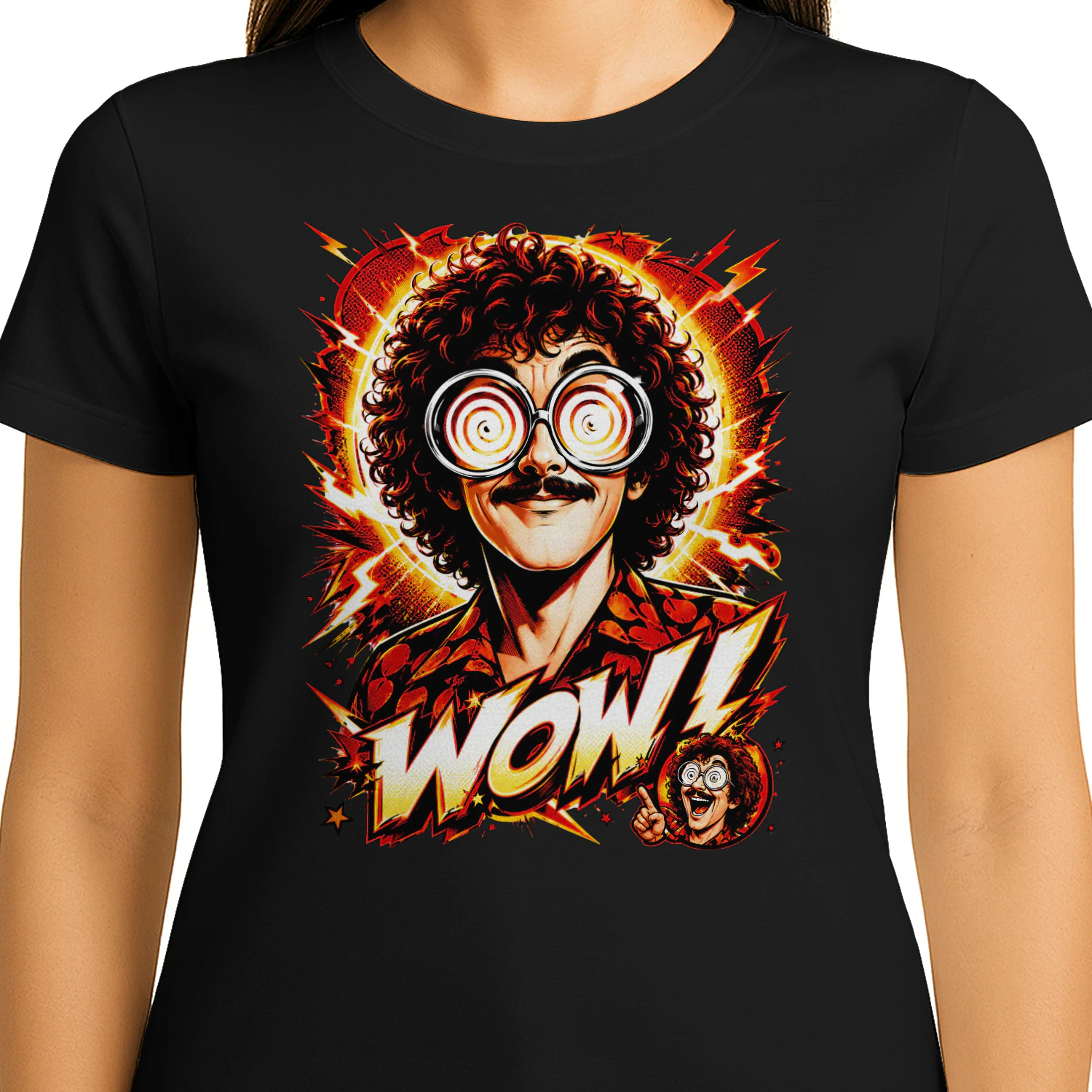Retro Hypnotic WOW! Comic T-Shirt – Funny Curly Hair Pop Art Graphic Tee