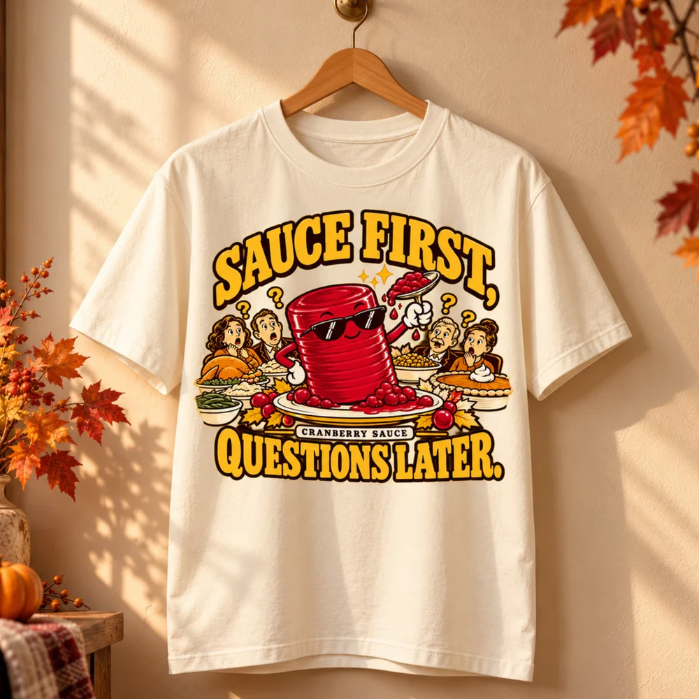 Sauce First, Questions Later – Funny Thanksgiving T-Shirt