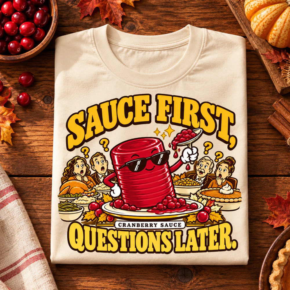 Sauce First, Questions Later – Funny Thanksgiving T-Shirt
