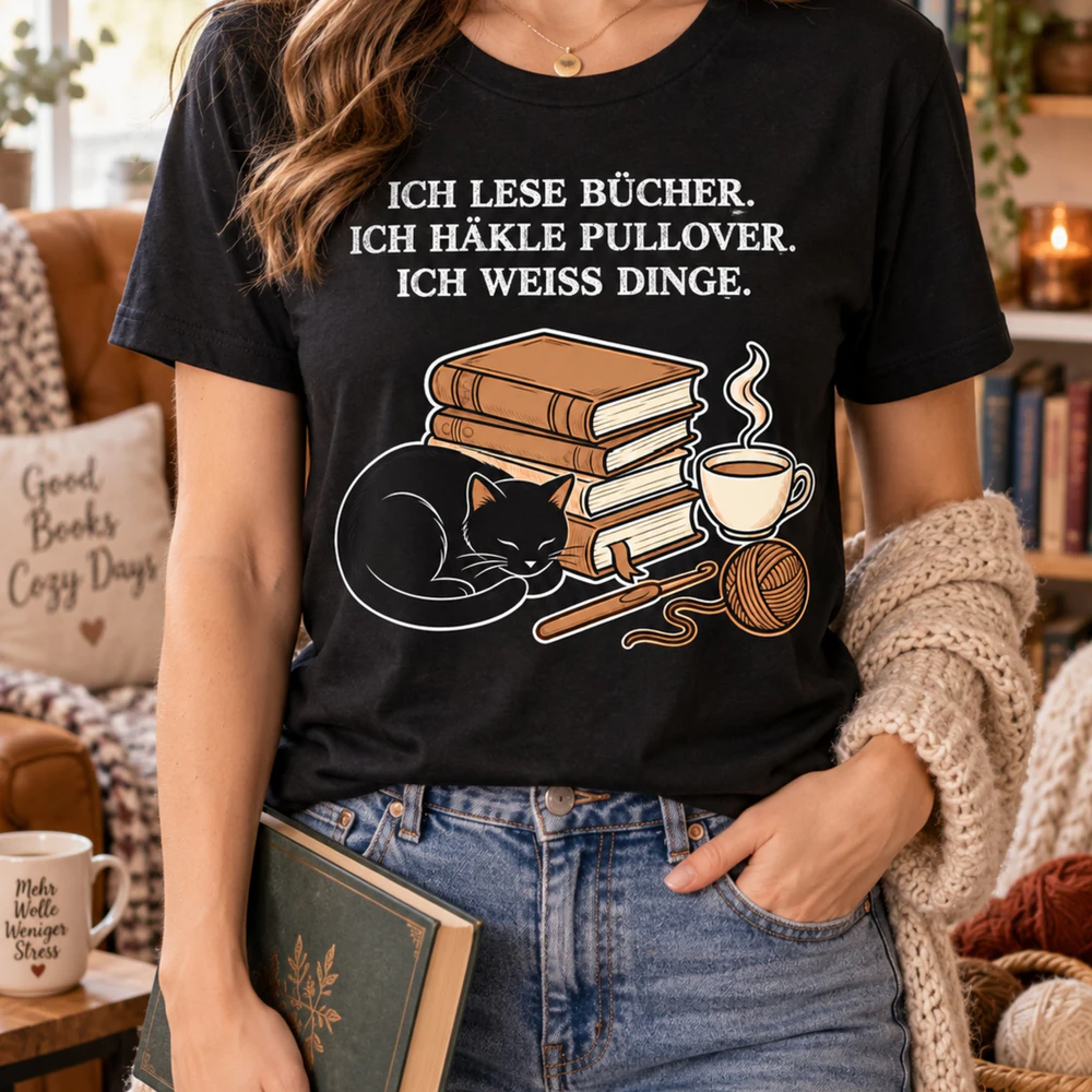 Ich lese Bücher, häkle Pullover und weiß Dinge