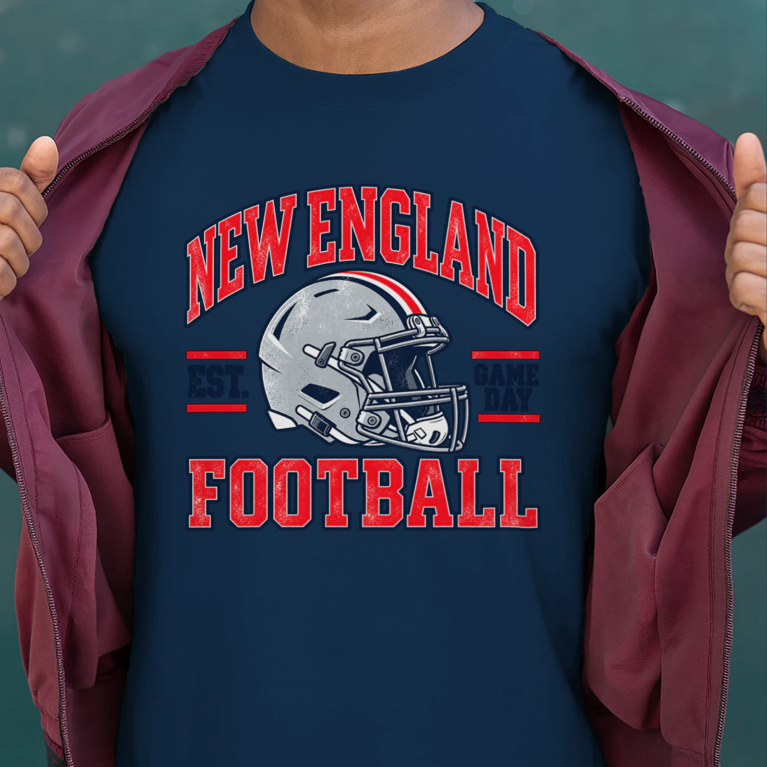 New England Football Game Day Shirt 🏈 Vintage Red Navy Football Fan Tee – Stadium & Sunday Game Outfit – Get Yours!