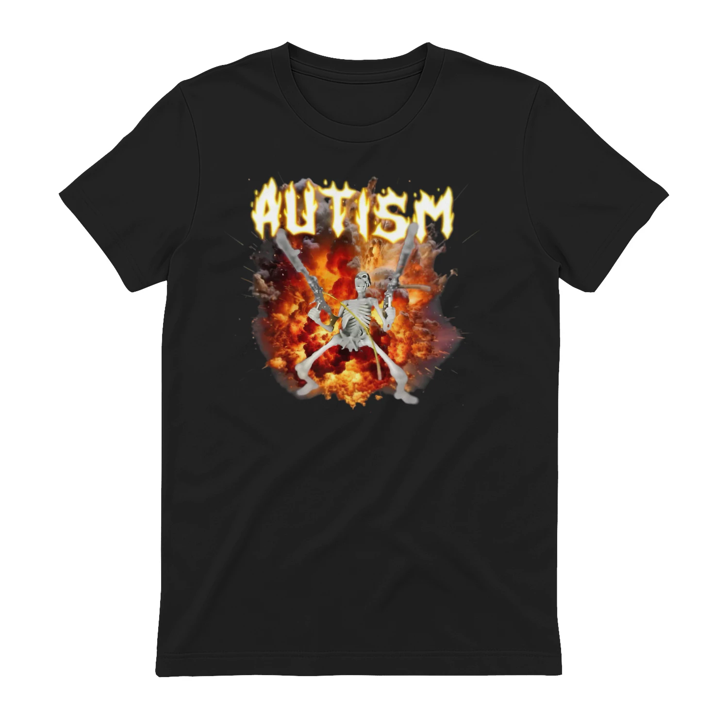 Edgy "AUTISM" Flaming Font Graphic T-Shirt – Skeleton Explosion Heavy Metal Streetwear Top