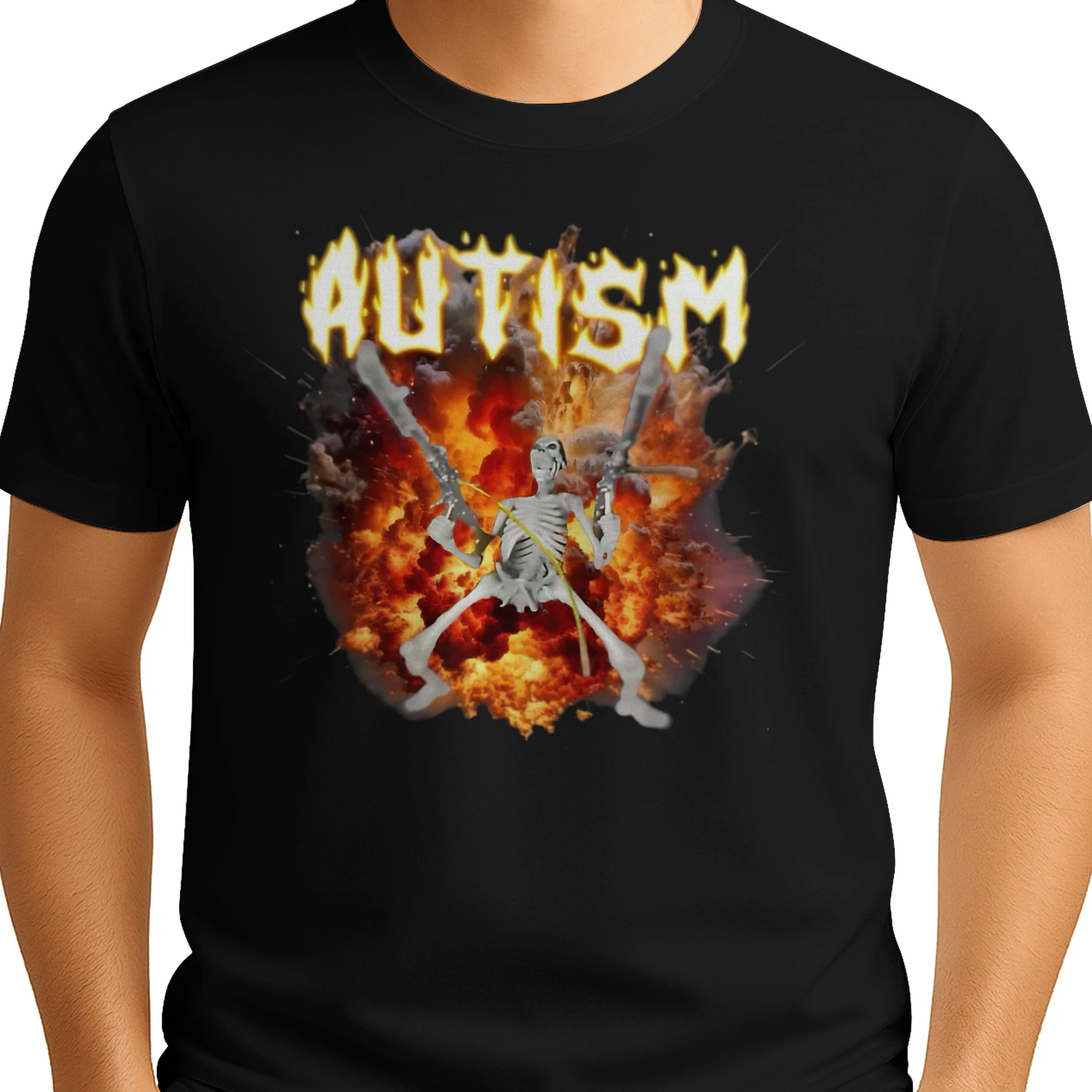 Edgy "AUTISM" Flaming Font Graphic T-Shirt – Skeleton Explosion Heavy Metal Streetwear Top