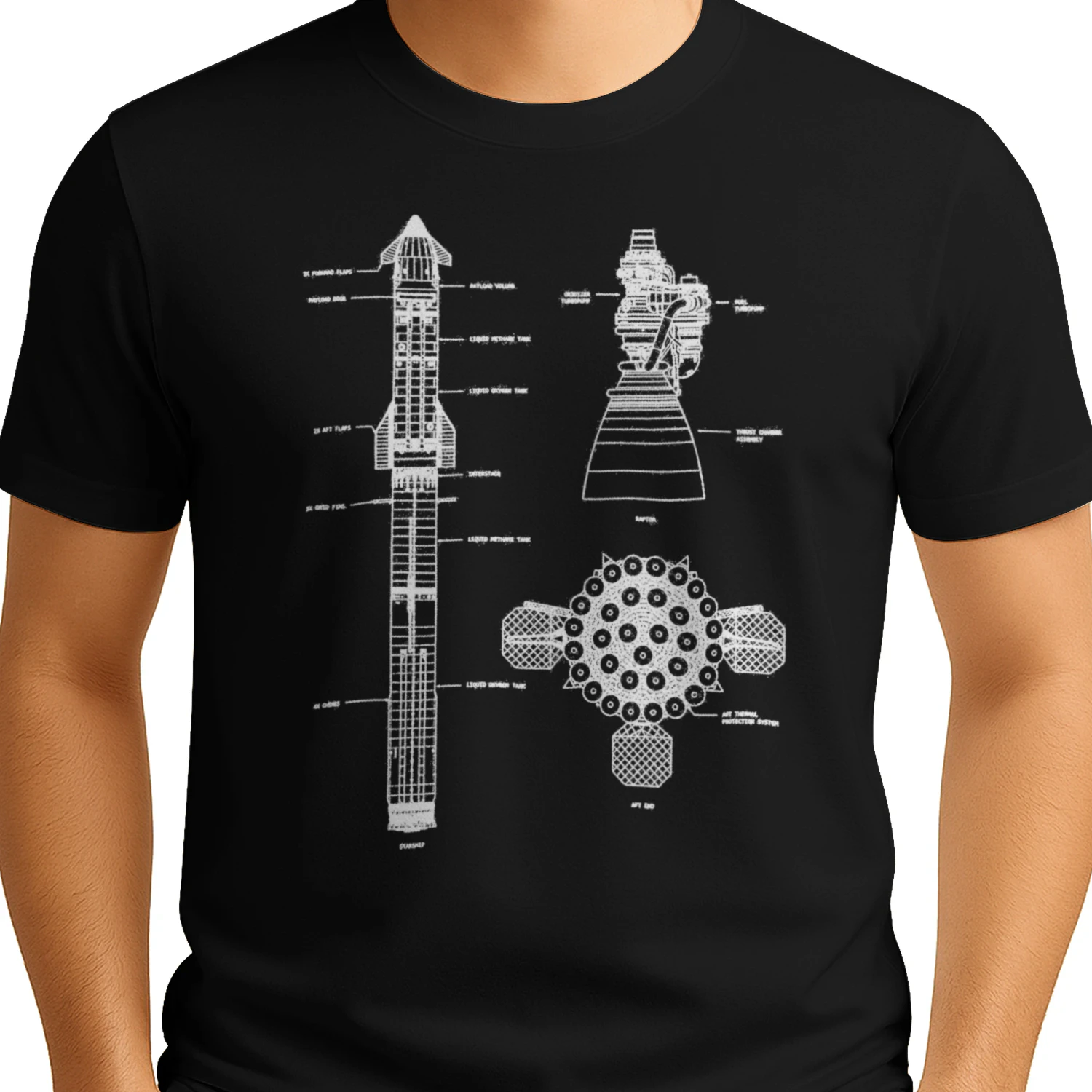 STARSHIP & RAPTOR ENGINE BLUEPRINT" Space Exploration T-Shirt – Rocket Engineering Graphic Tee