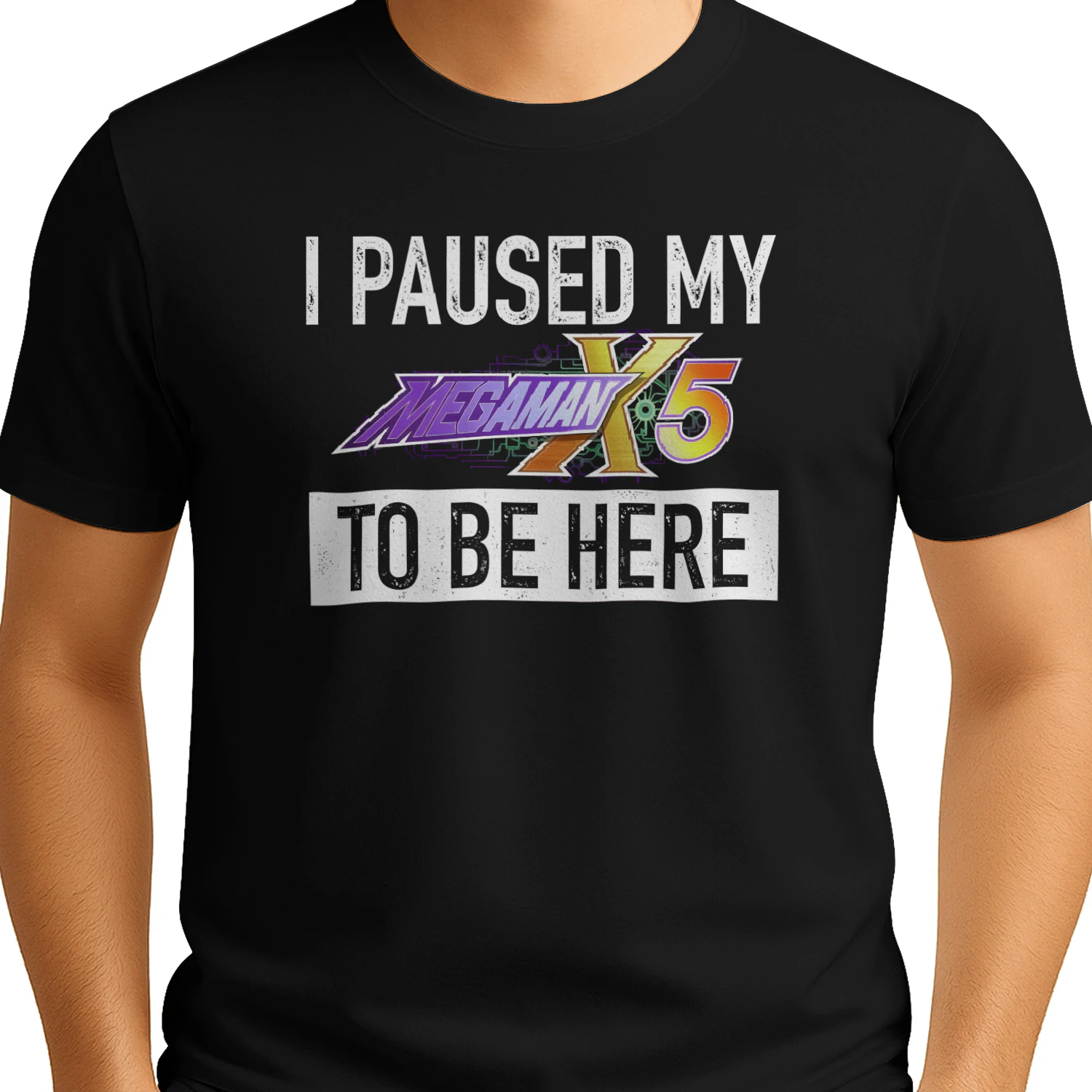 I PAUSED MY MEGAMAN X5 TO BE HERE" Retro Gamer T-Shirt – Nostalgic Action-Platformer Fan Graphic Tee