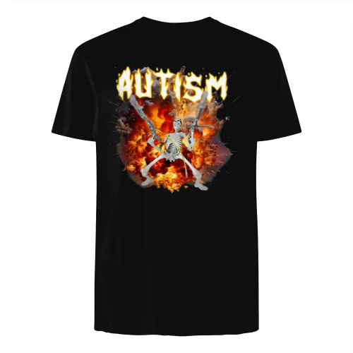 Edgy "AUTISM" Flaming Font Graphic T-Shirt – Skeleton Explosion Heavy Metal Streetwear Top