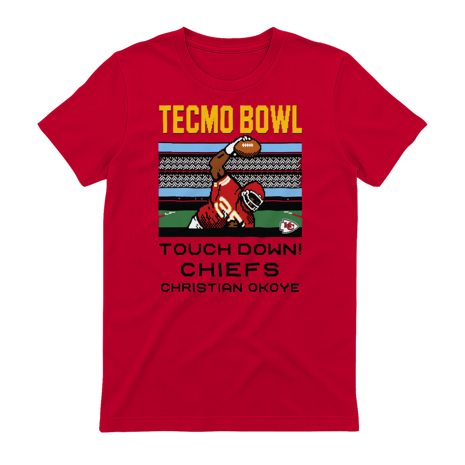 TECMO BOWL TOUCH DOWN CHIEFS CHRISTIAN OKOYE" 8-Bit Video Game T-Shirt – Retro Football Graphic Tee