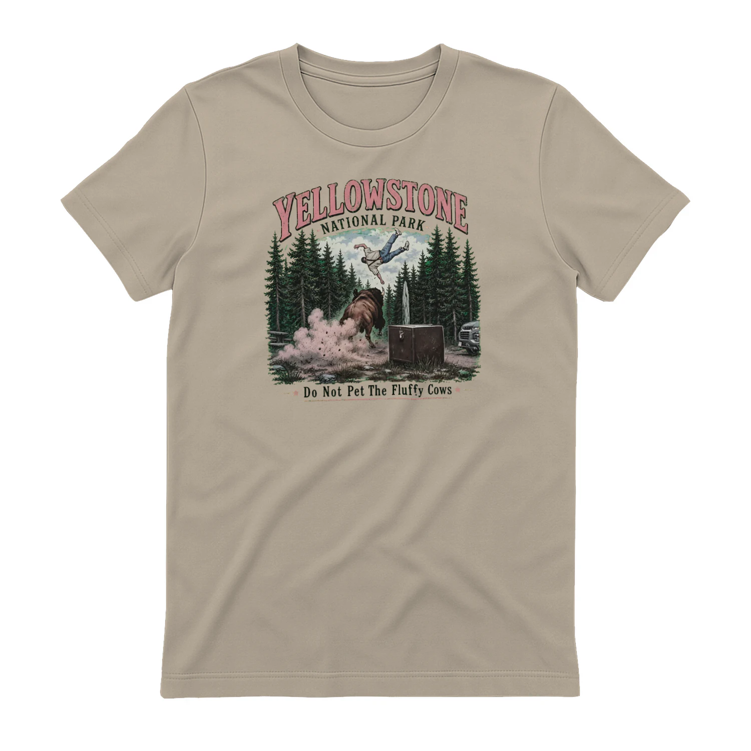 Yellowstone National Park Do Not Pet The Fluffy Cows T-Shirt | Funny Bison Graphic Tee | Cream