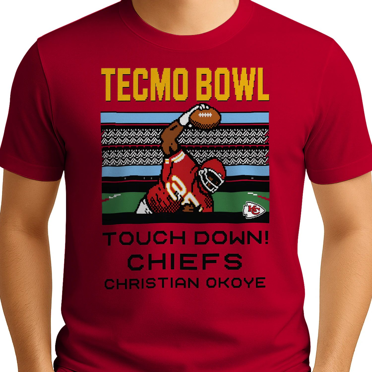 TECMO BOWL TOUCH DOWN CHIEFS CHRISTIAN OKOYE" 8-Bit Video Game T-Shirt – Retro Football Graphic Tee