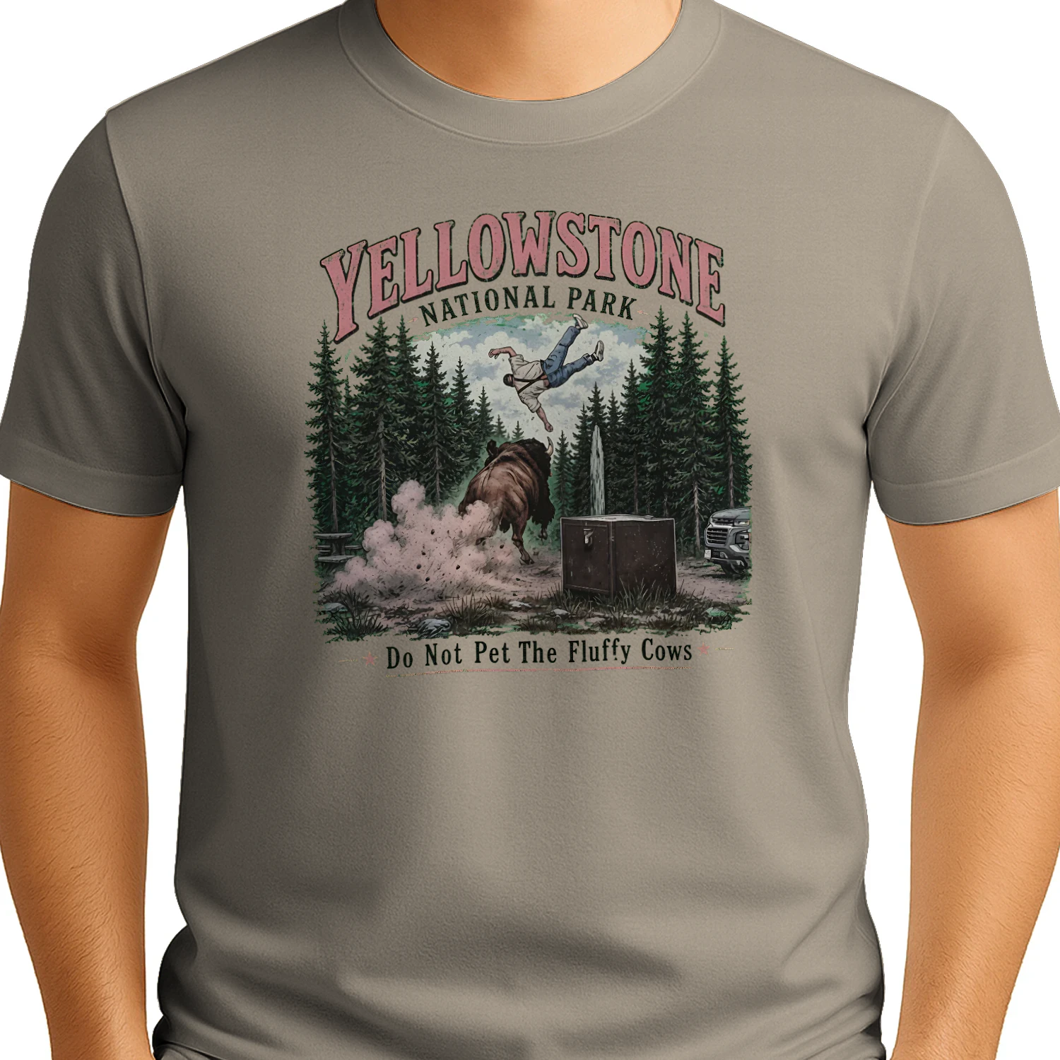 Yellowstone National Park Do Not Pet The Fluffy Cows T-Shirt | Funny Bison Graphic Tee | Cream