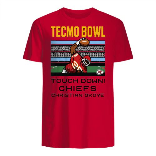 TECMO BOWL TOUCH DOWN CHIEFS CHRISTIAN OKOYE" 8-Bit Video Game T-Shirt – Retro Football Graphic Tee