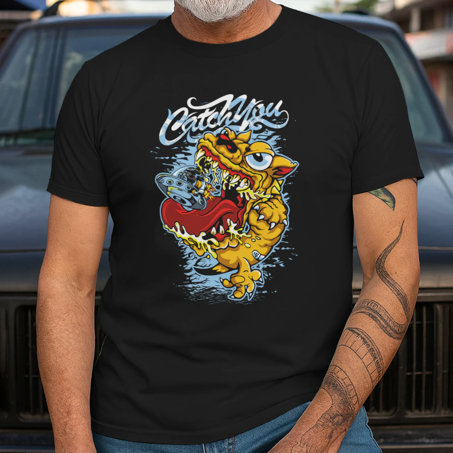 Catch You - Alien UFO vs. Giant Monster Streetwear Vector Design