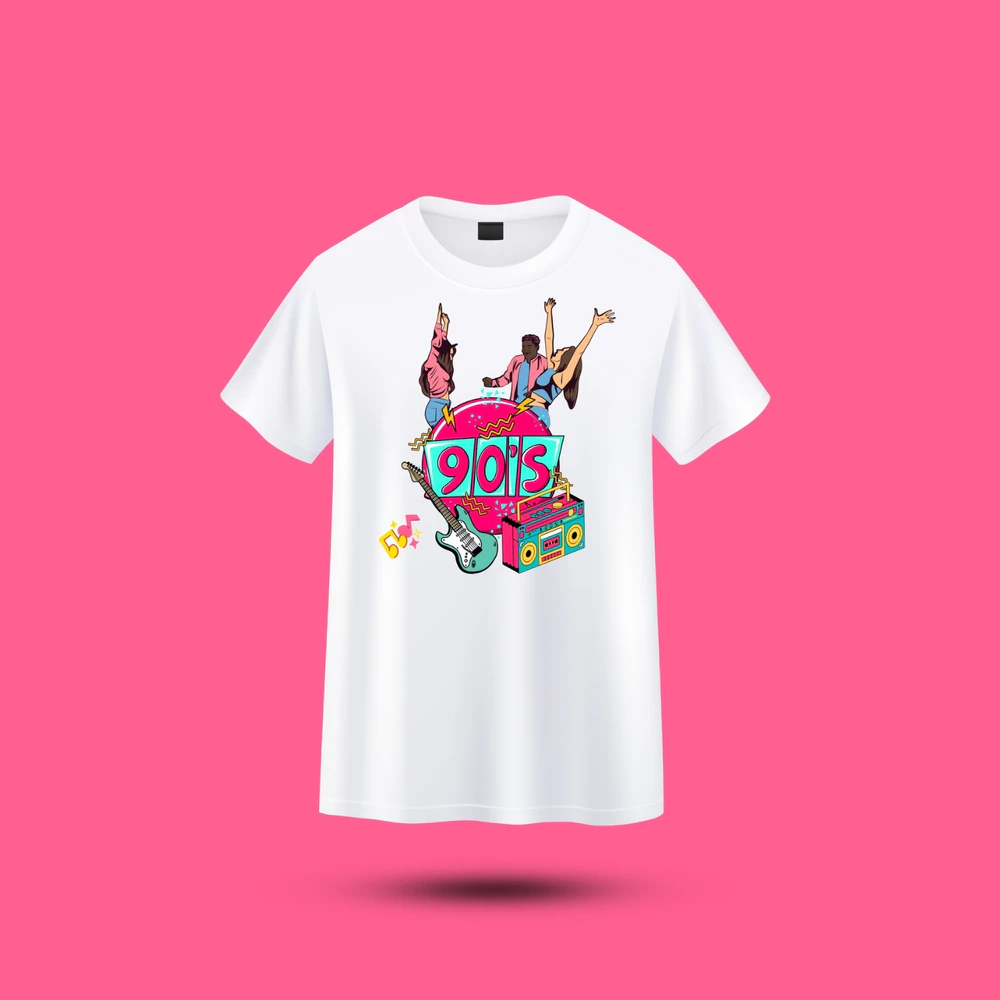 Pembe ve Beyaz Retro 90'lar Müzik Festivali Tişört