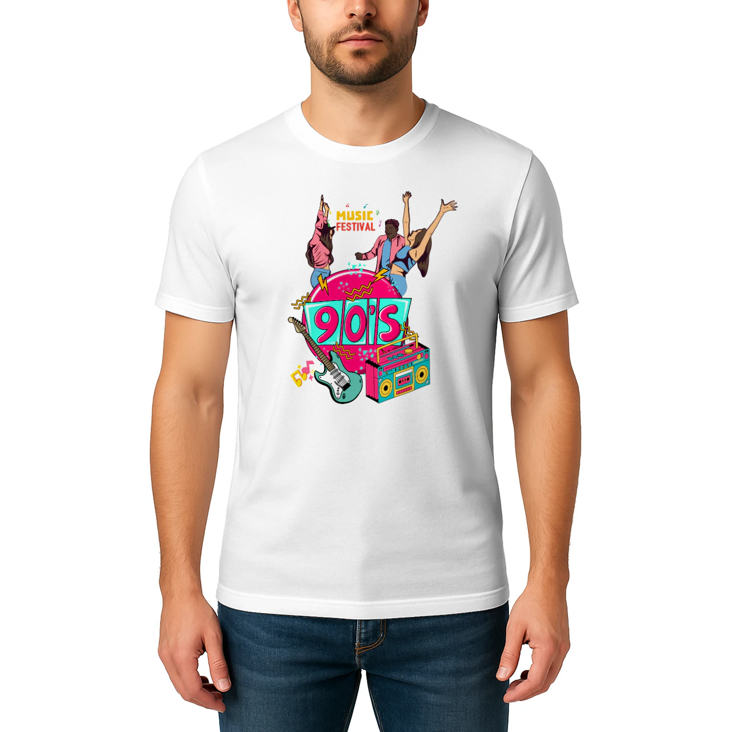 Pembe ve Beyaz Retro 90'lar Müzik Festivali Tişört