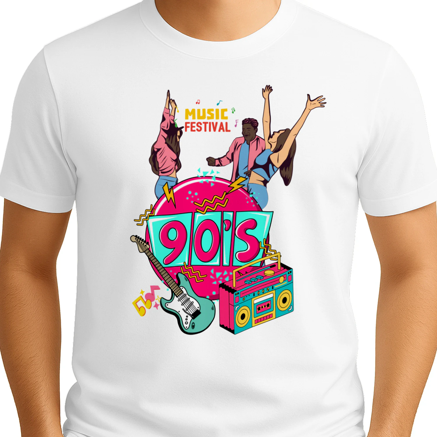 Pembe ve Beyaz Retro 90'lar Müzik Festivali Tişört