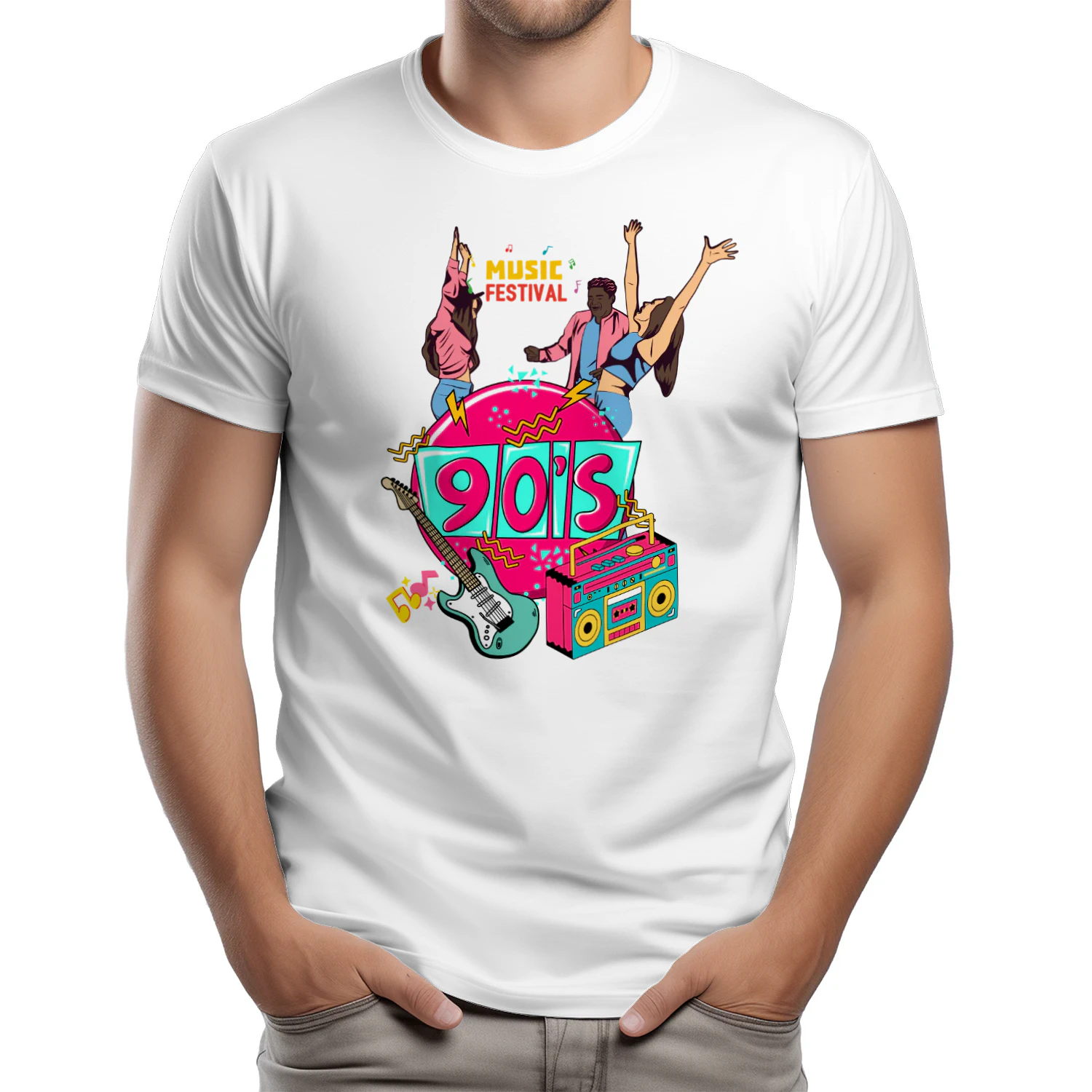 Pembe ve Beyaz Retro 90'lar Müzik Festivali Tişört