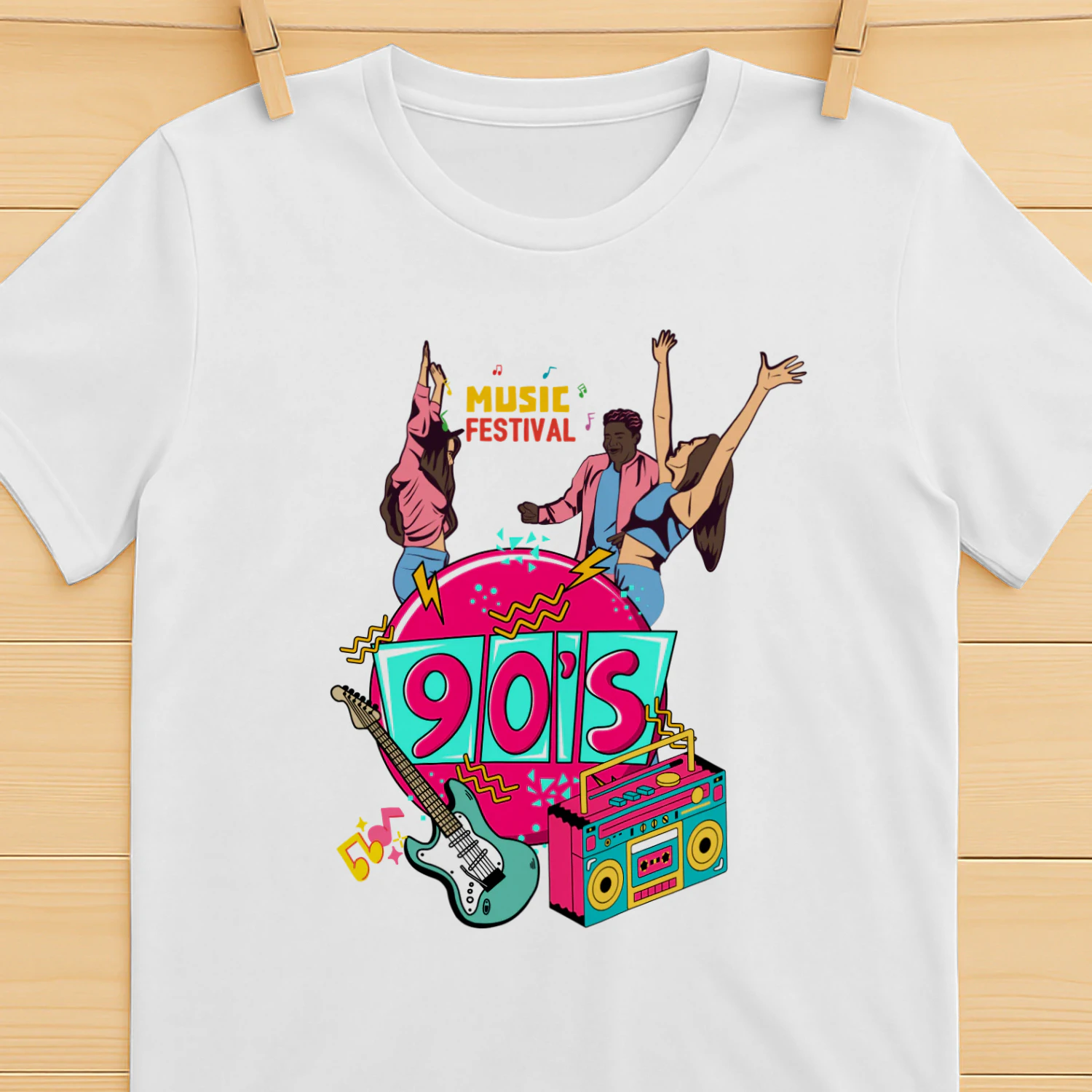 Pembe ve Beyaz Retro 90'lar Müzik Festivali Tişört