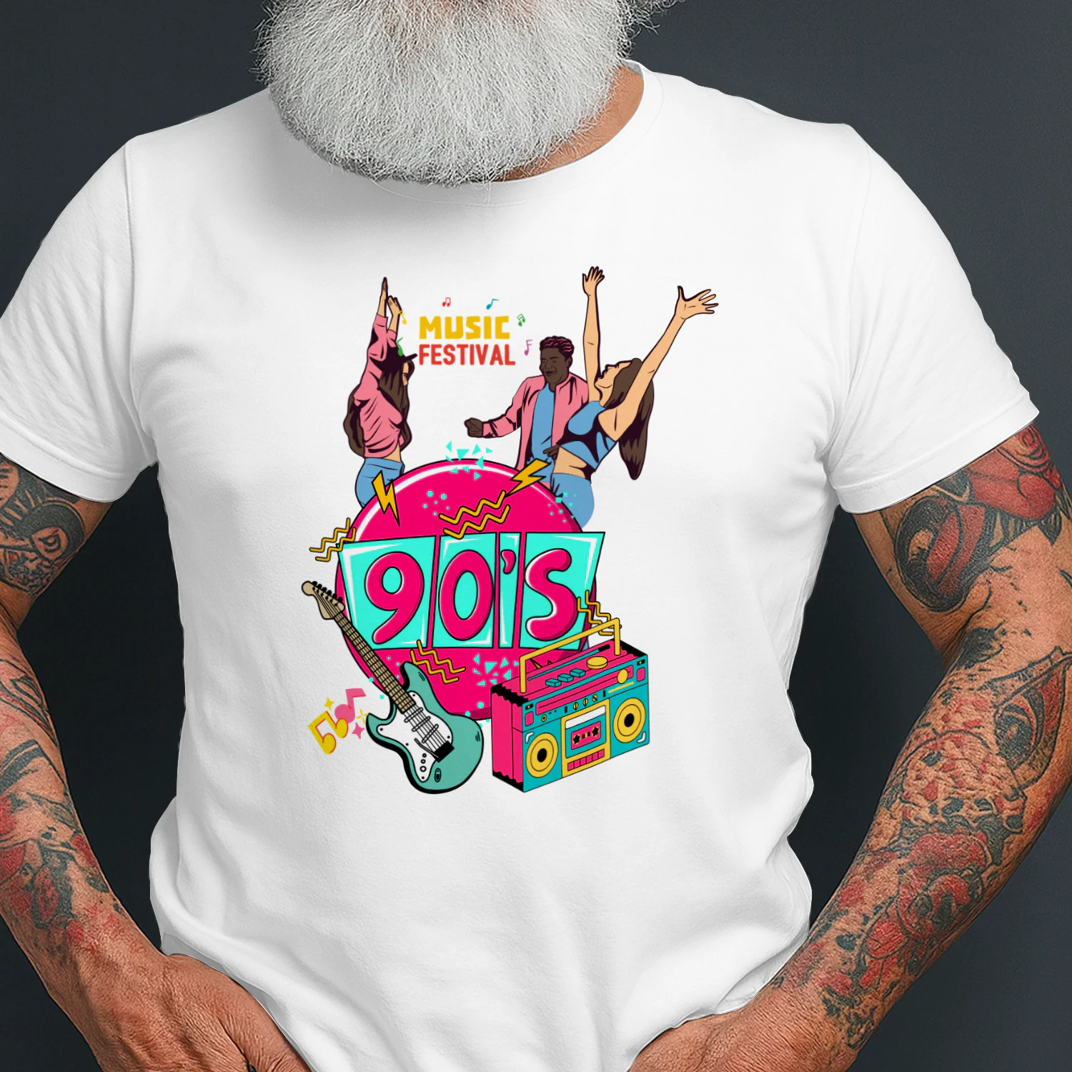 Pembe ve Beyaz Retro 90'lar Müzik Festivali Tişört