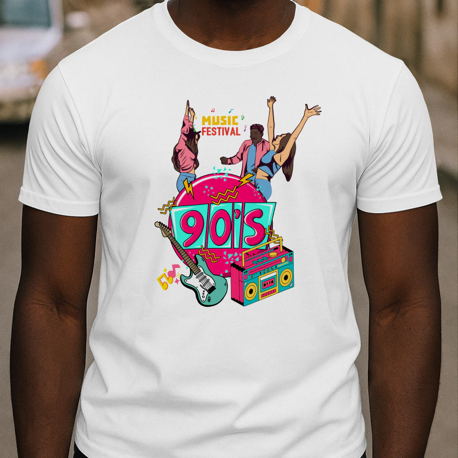 Pembe ve Beyaz Retro 90'lar Müzik Festivali Tişört