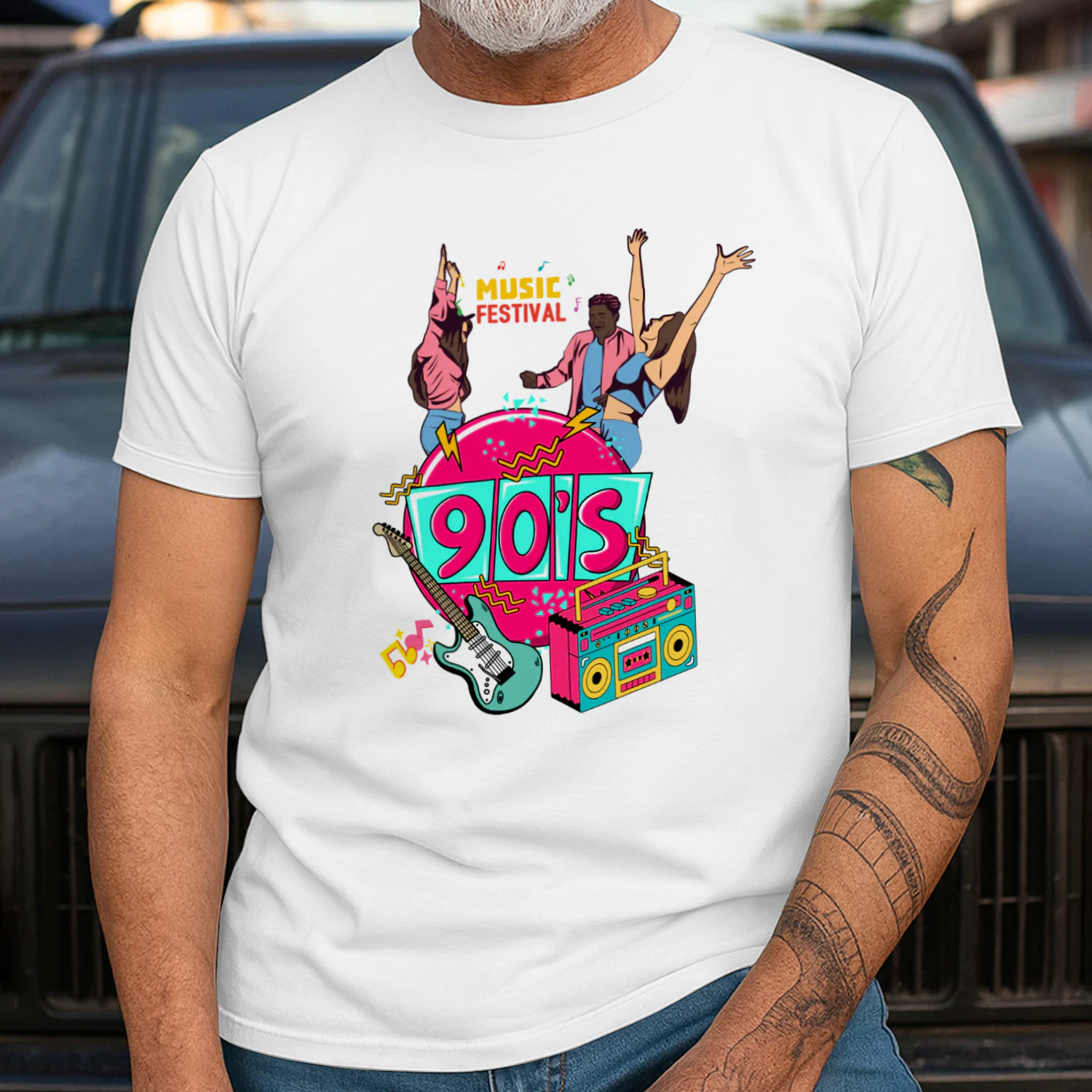 Pembe ve Beyaz Retro 90'lar Müzik Festivali Tişört