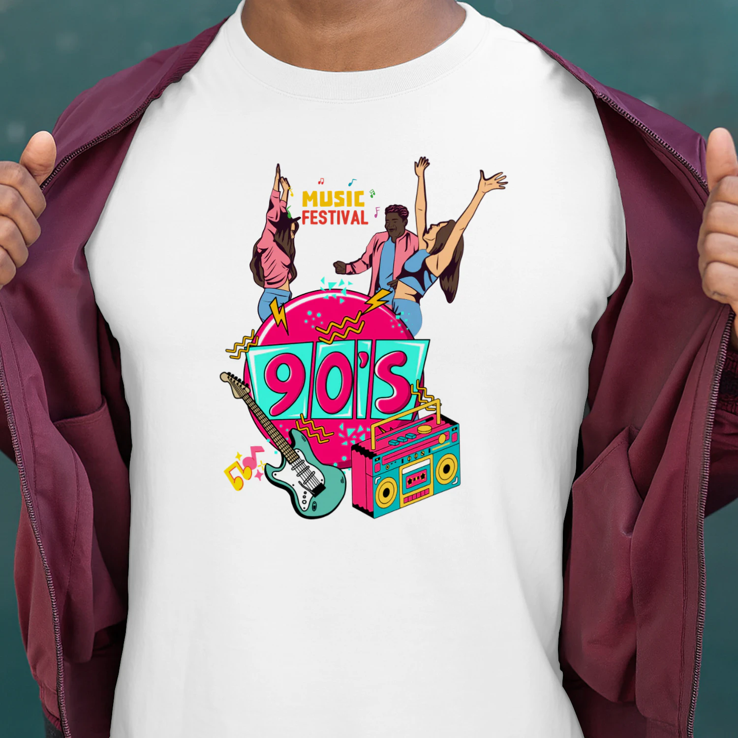 Pembe ve Beyaz Retro 90'lar Müzik Festivali Tişört