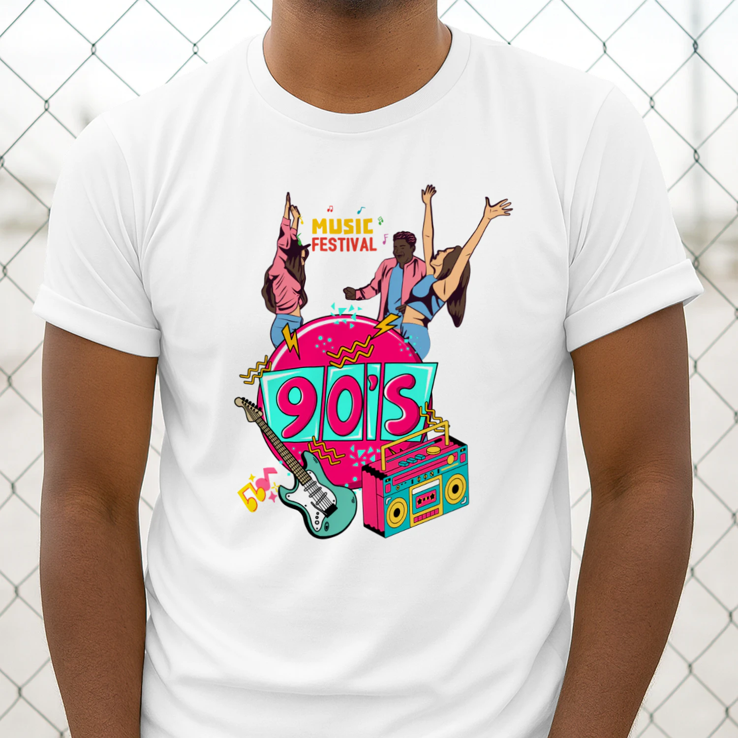 Pembe ve Beyaz Retro 90'lar Müzik Festivali Tişört