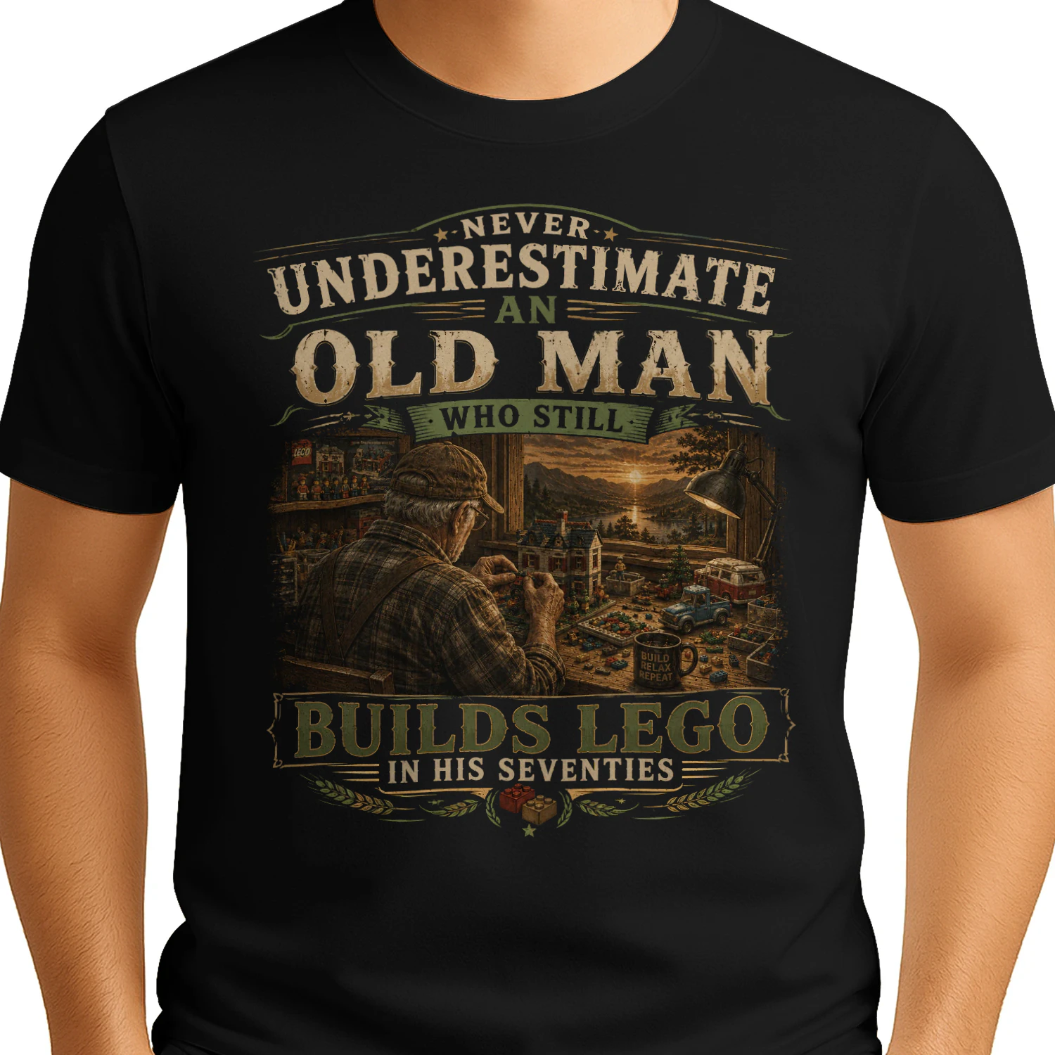 TEU0016 Never Underestimate An Old Man Who Builds Lego T-Shirt