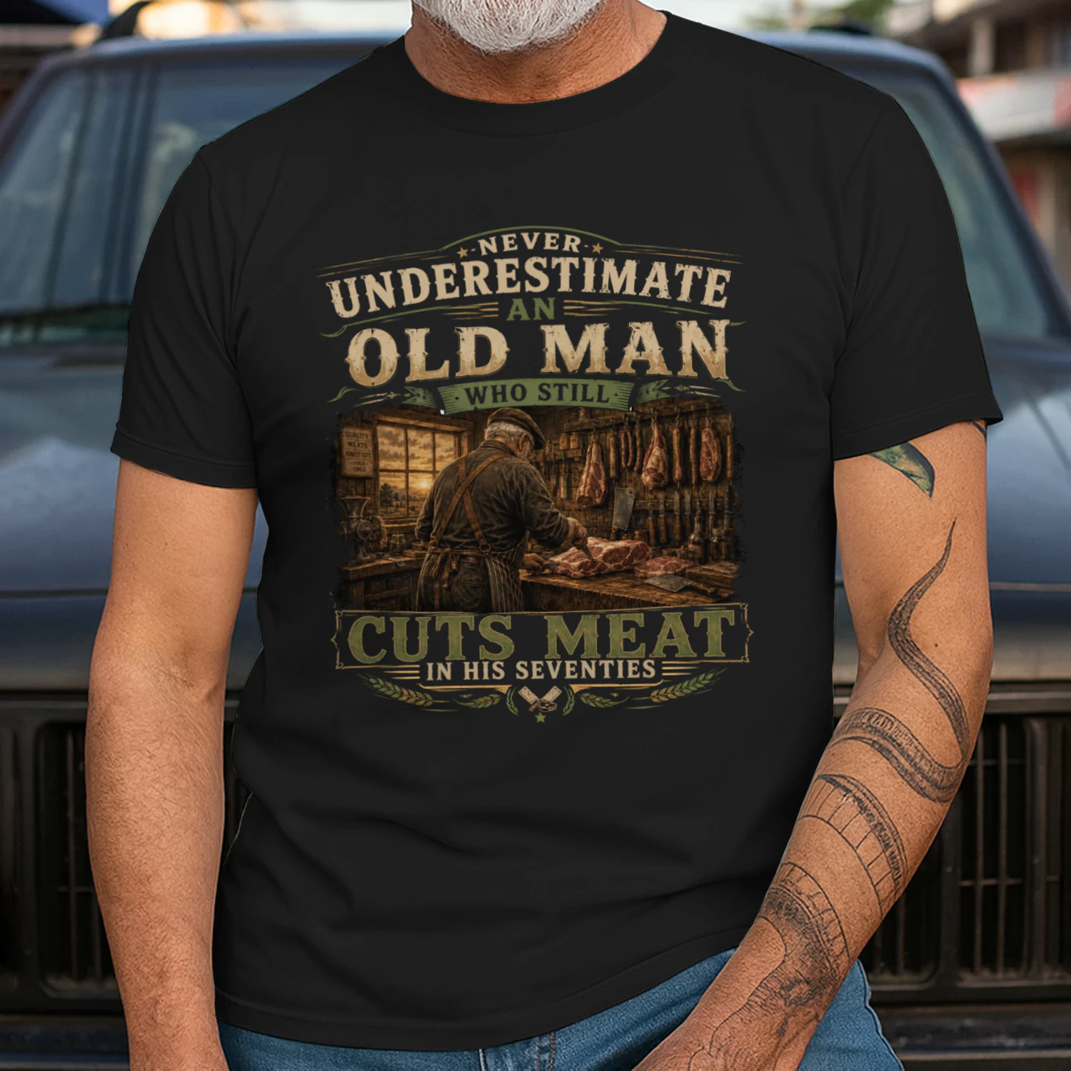 Never Underestimate An Old Man Who Cuts Meat T-Shirt