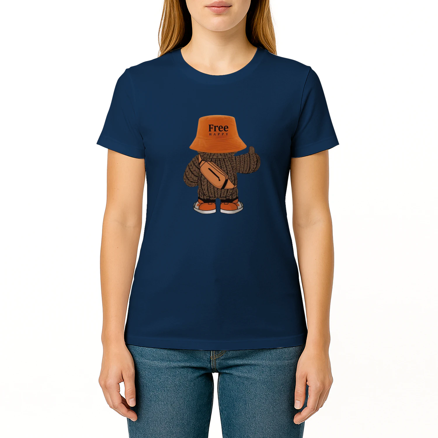 Unisex Softstyle Tee – “Free Happy” Cartoon Streetwear Design, Soft Cotton Casual T-Shirt
