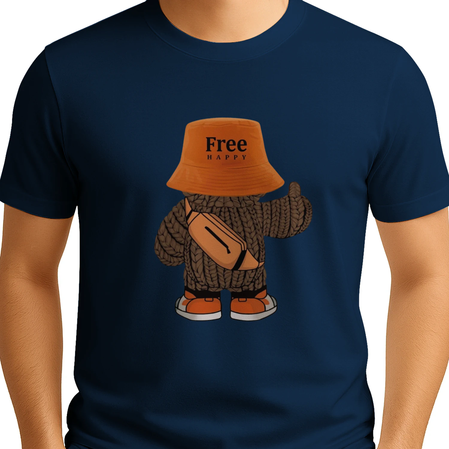 Unisex Softstyle Tee – “Free Happy” Cartoon Streetwear Design, Soft Cotton Casual T-Shirt