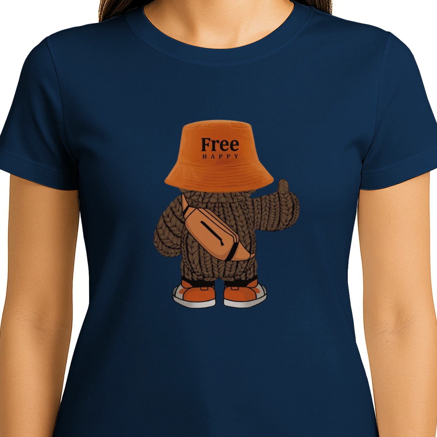 Unisex Softstyle Tee – “Free Happy” Cartoon Streetwear Design, Soft Cotton Casual T-Shirt