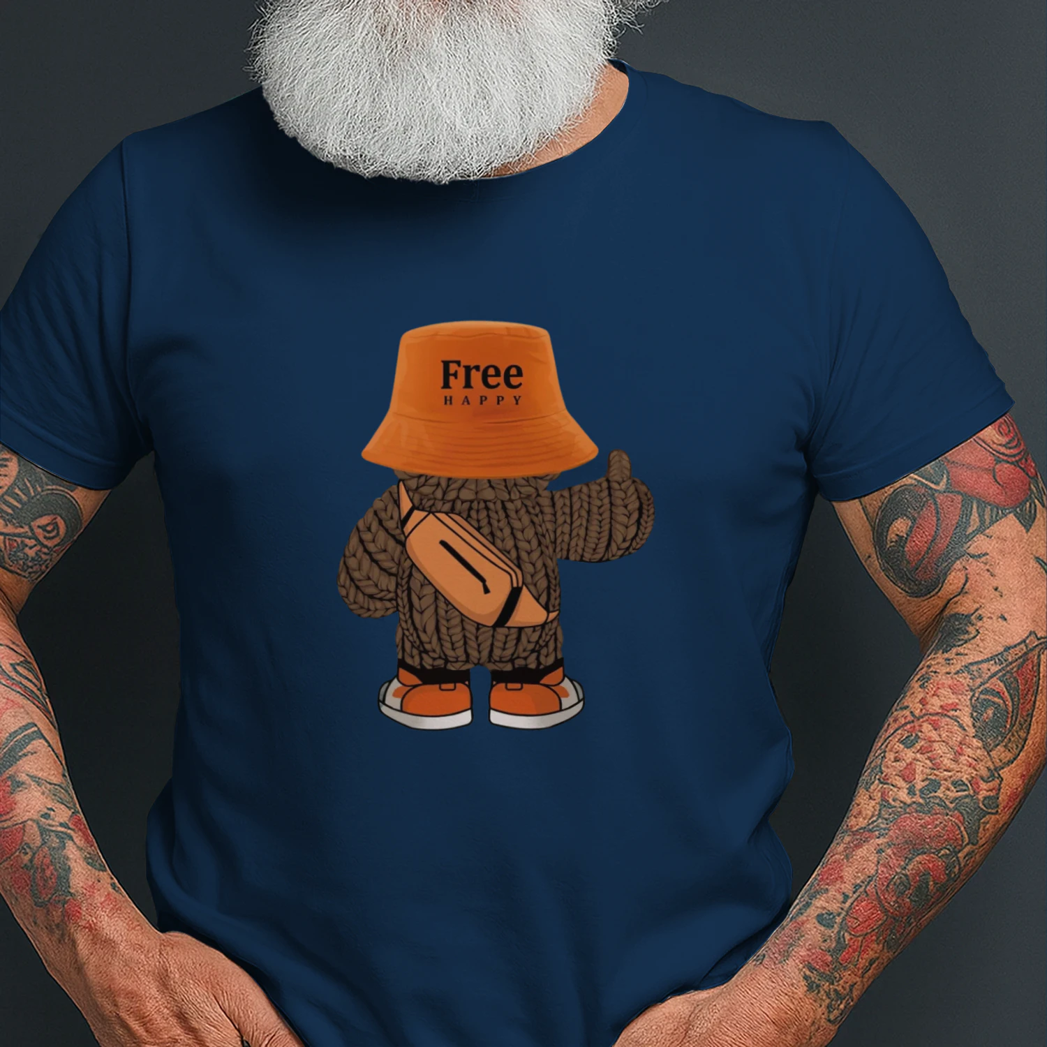 Unisex Softstyle Tee – “Free Happy” Cartoon Streetwear Design, Soft Cotton Casual T-Shirt