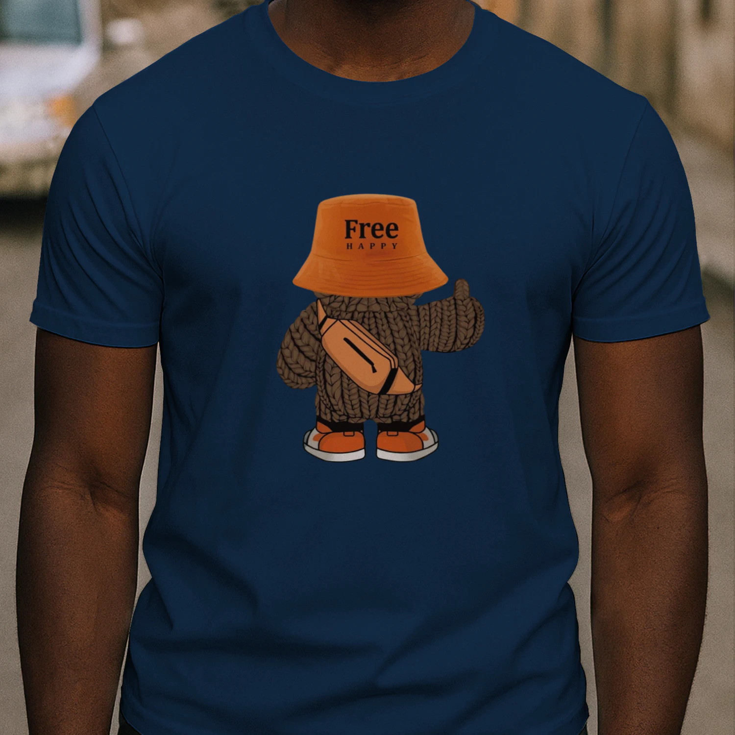 Unisex Softstyle Tee – “Free Happy” Cartoon Streetwear Design, Soft Cotton Casual T-Shirt