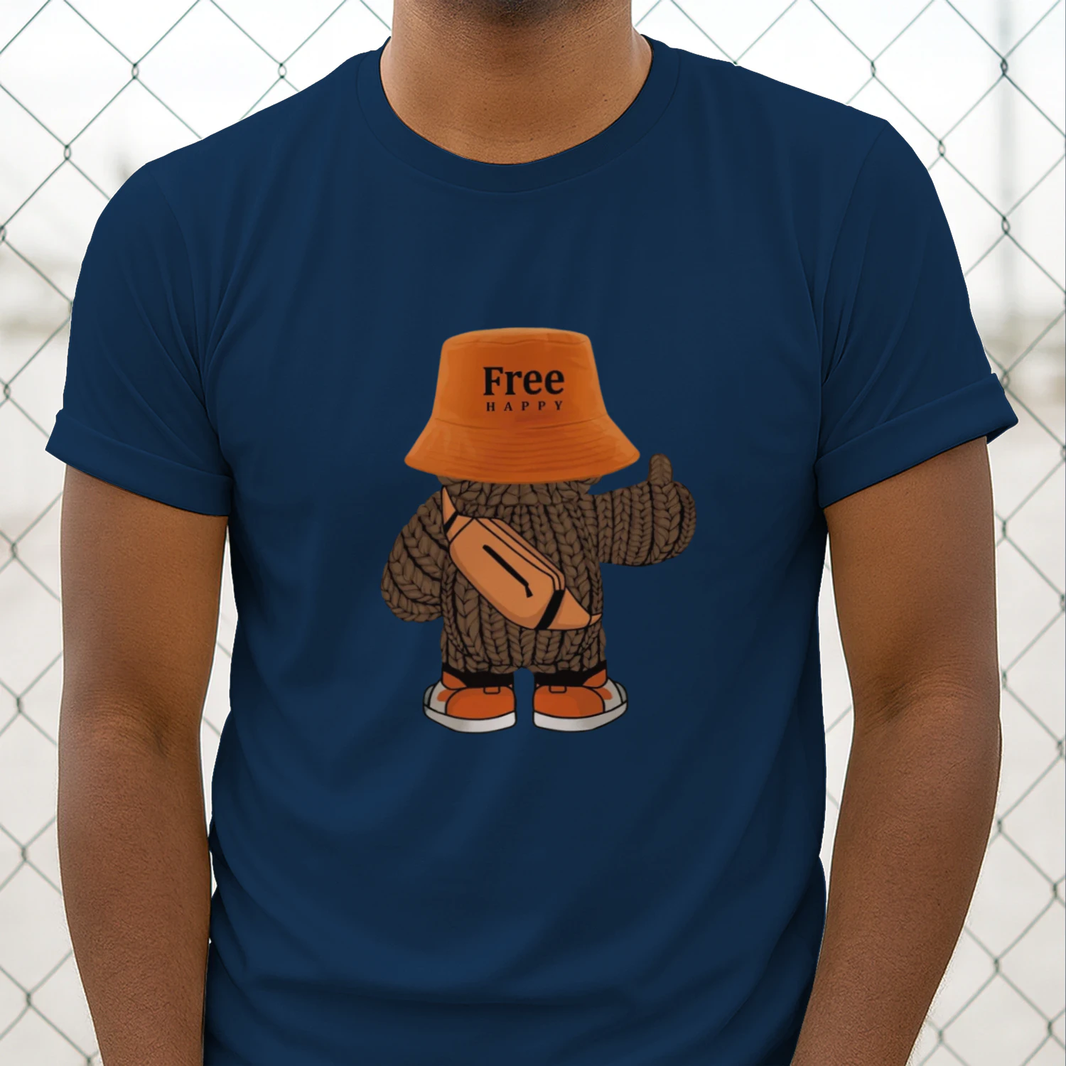 Unisex Softstyle Tee – “Free Happy” Cartoon Streetwear Design, Soft Cotton Casual T-Shirt