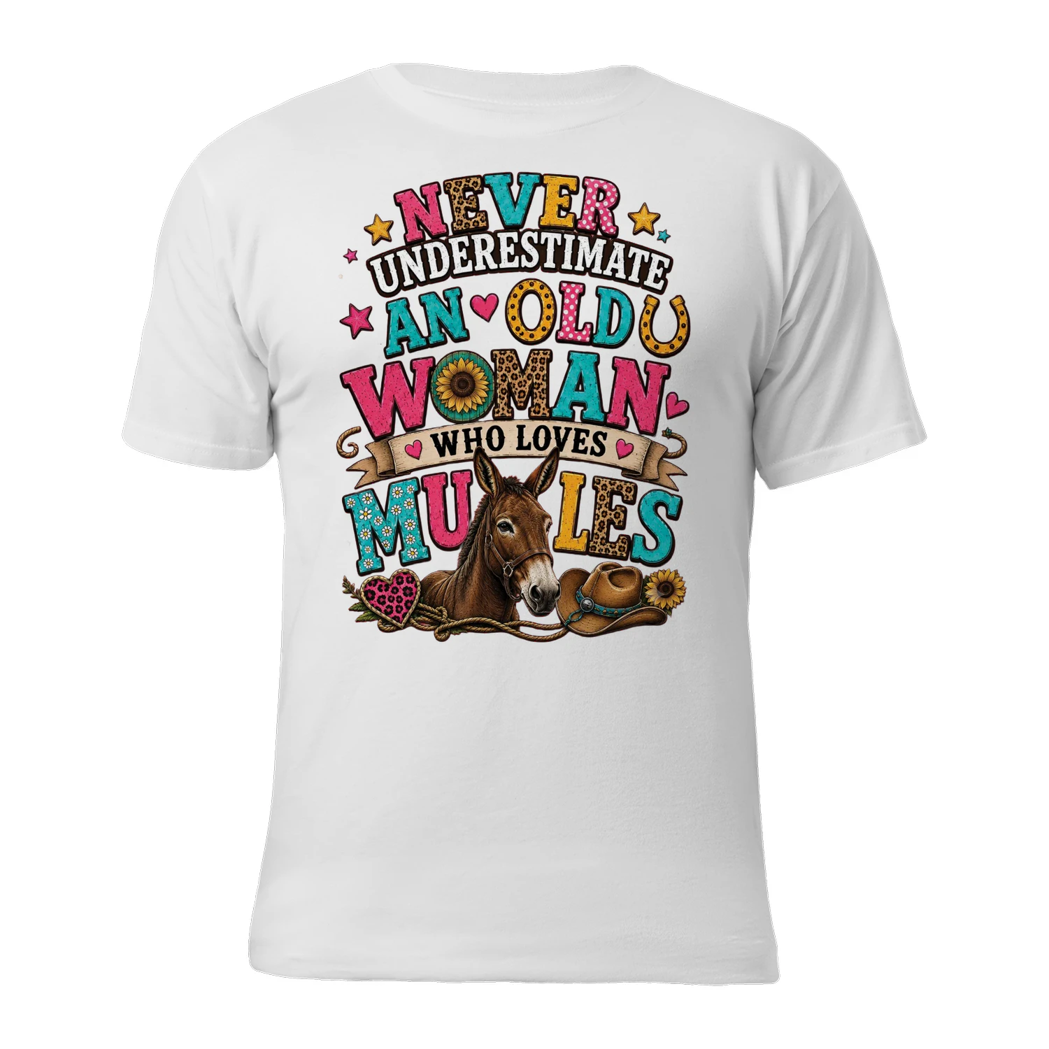 Never Underestimate An Old Woman Who Loves Mules T-Shirt – Funny Mule Lover Gift for Women