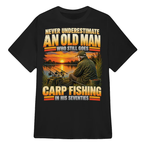 Carp Fishing in His Seventies T-Shirt, Funny Old Man Fishing Gift, Retirement Carp Angler Shirt