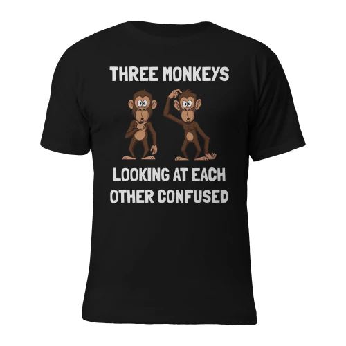 Three monkeys looking at each other confused