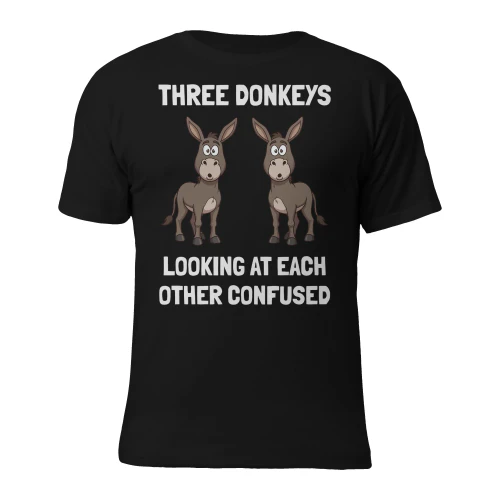 Three donkeys looking at each other confused