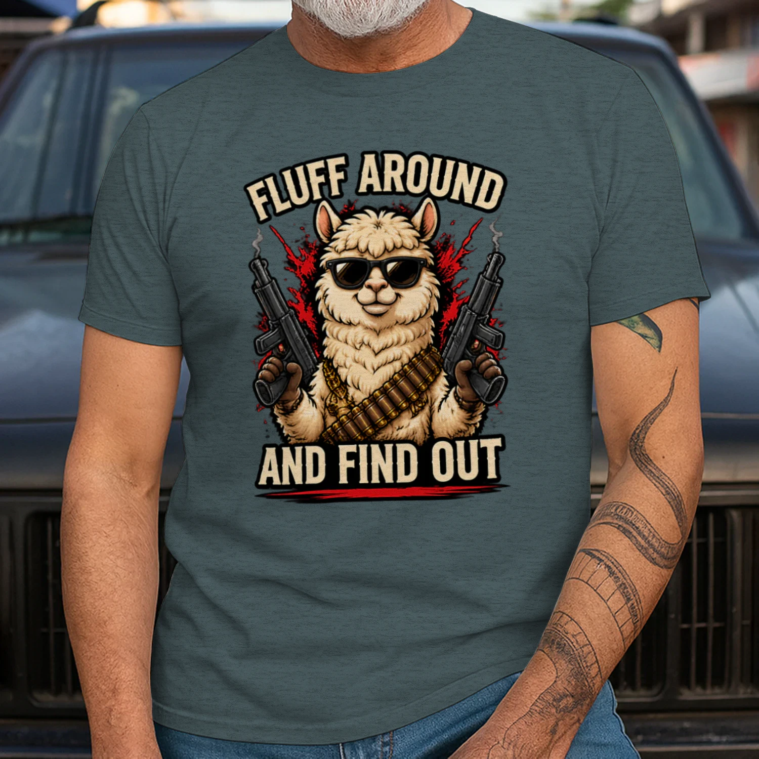 Fluff Around And Find Out Funny Llama Military T Shirt, Tactical Alpaca Meme Shirt, Animal Lover Streetwear Gift
