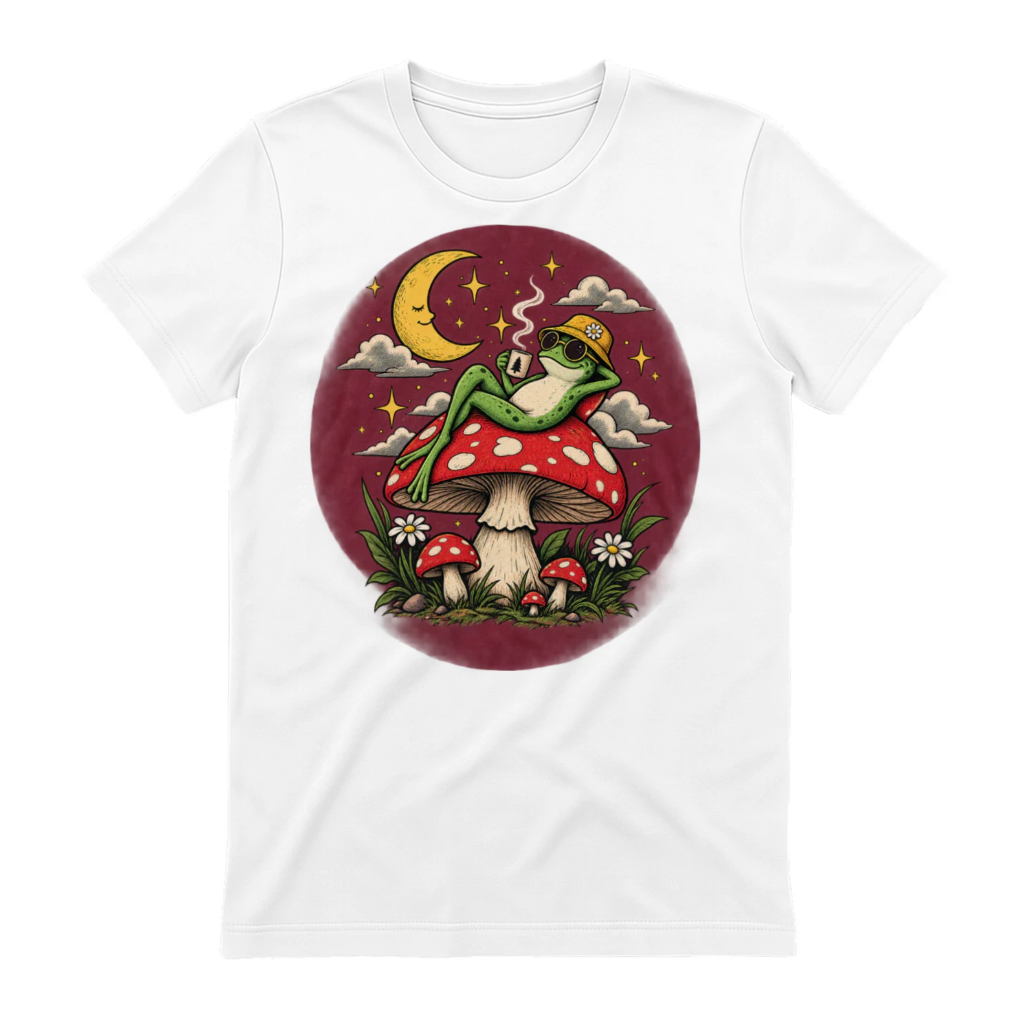 Cool Frog on Mushroom Vintage Retro Graphic T-Shirt Design