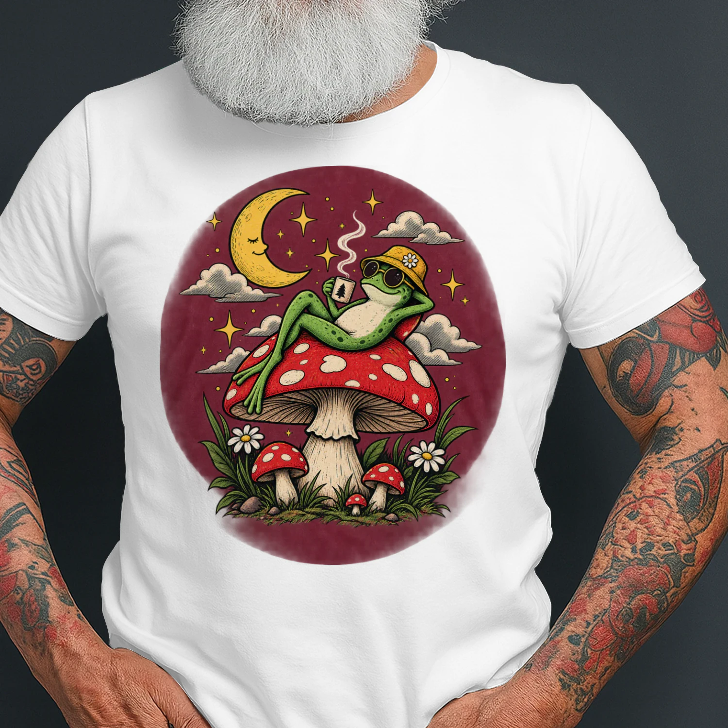 Cool Frog on Mushroom Vintage Retro Graphic T-Shirt Design