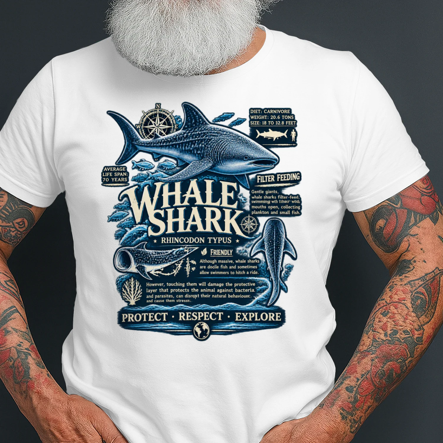 Whale Shark Vintage Ocean Life T-Shirt | Rhincodon Typus Marine Life Design | Shark Lover Ocean Explorer Tee