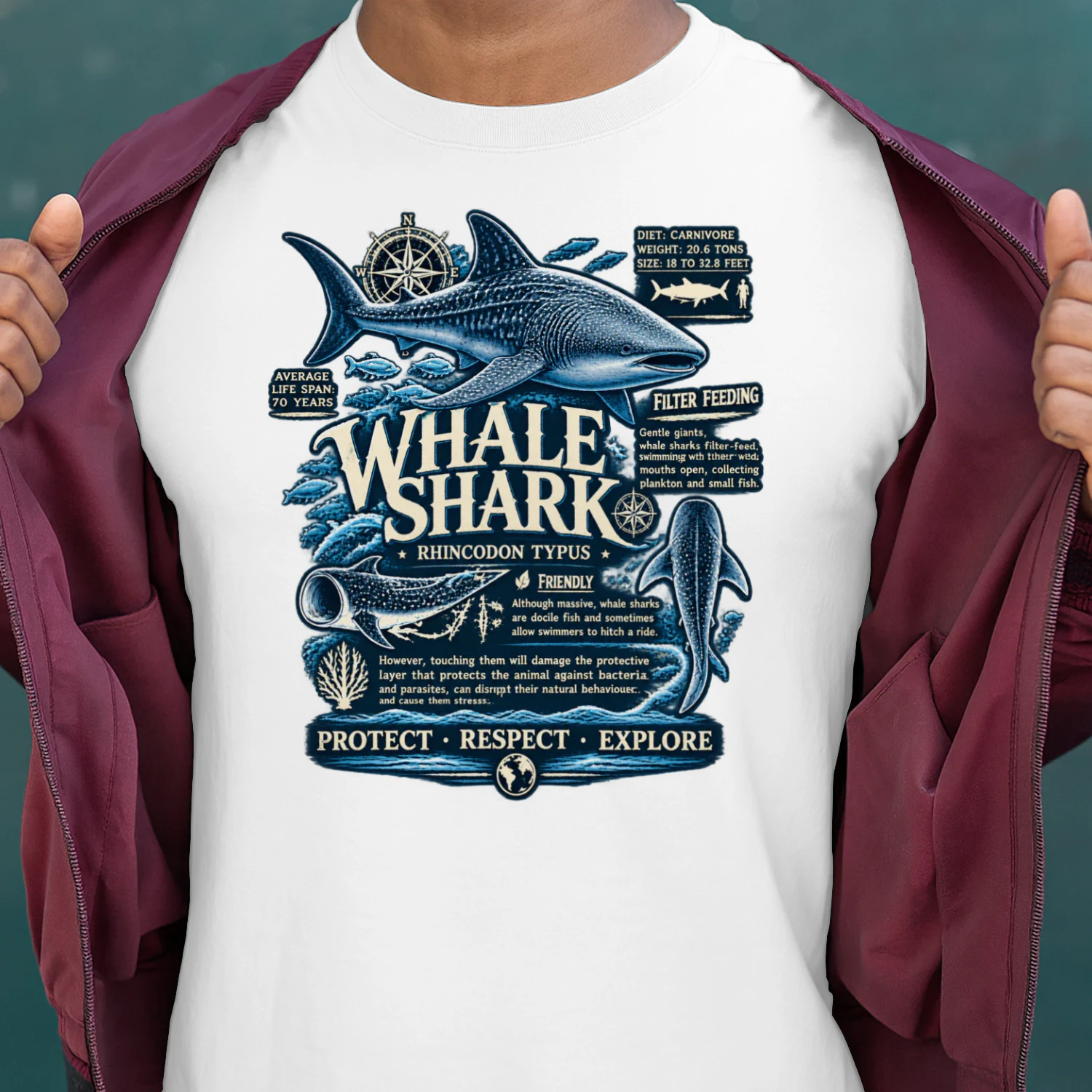 Whale Shark Vintage Ocean Life T-Shirt | Rhincodon Typus Marine Life Design | Shark Lover Ocean Explorer Tee