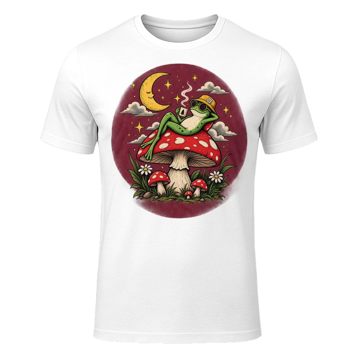 Cool Frog on Mushroom Vintage Retro Graphic T-Shirt Design