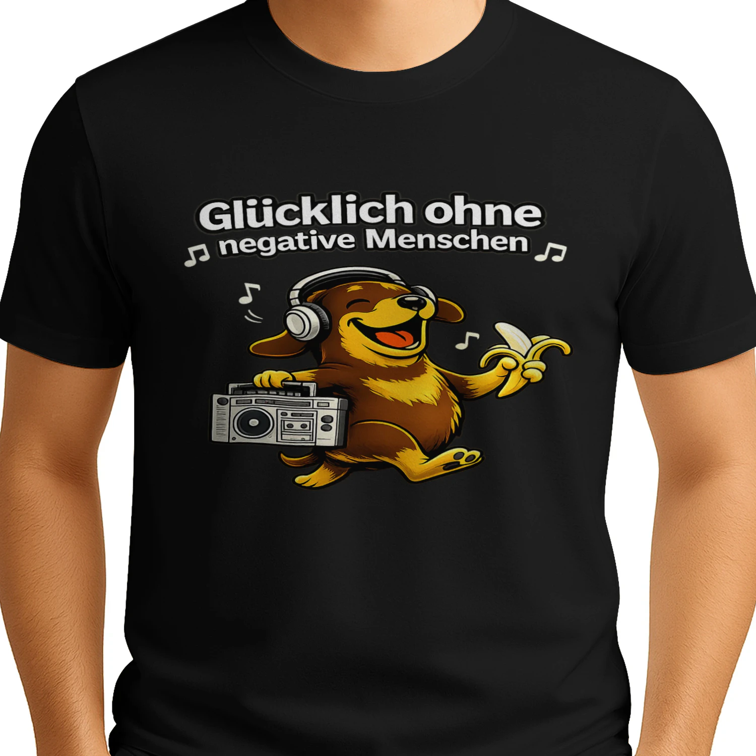 Glücklich ohne negative Menschen – Lustiges Hunde T-Shirt mit Musik-Vibes