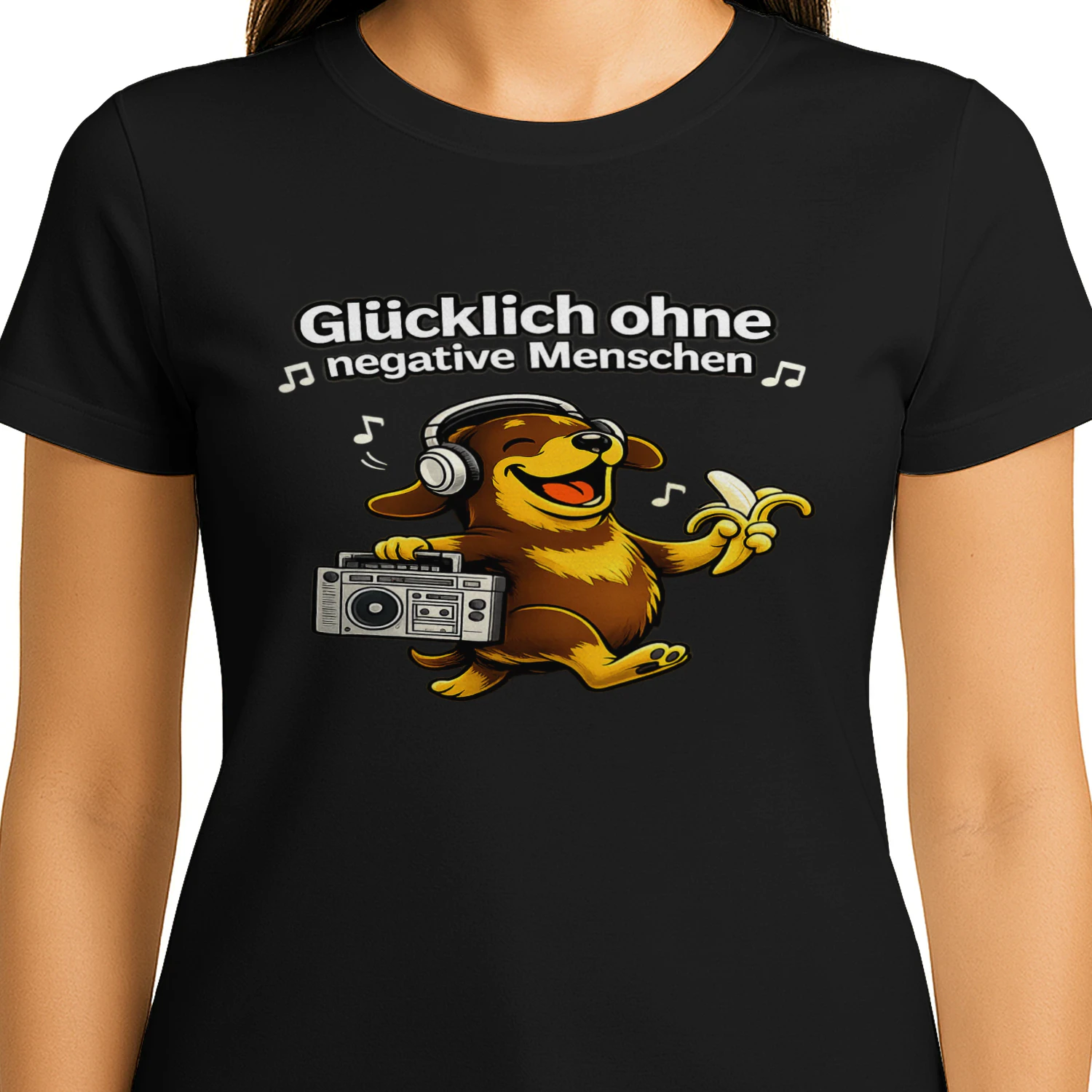 Glücklich ohne negative Menschen – Lustiges Hunde T-Shirt mit Musik-Vibes