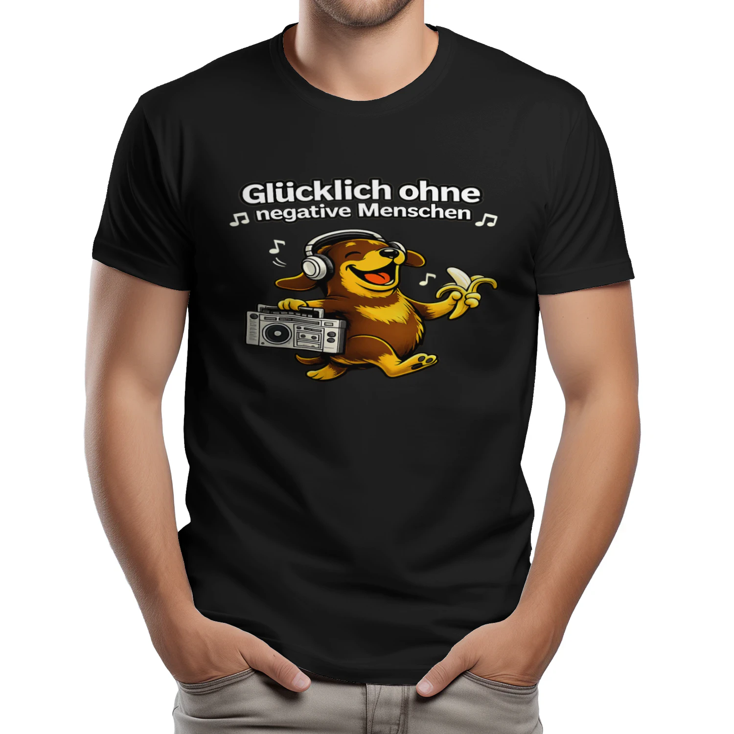 Glücklich ohne negative Menschen – Lustiges Hunde T-Shirt mit Musik-Vibes