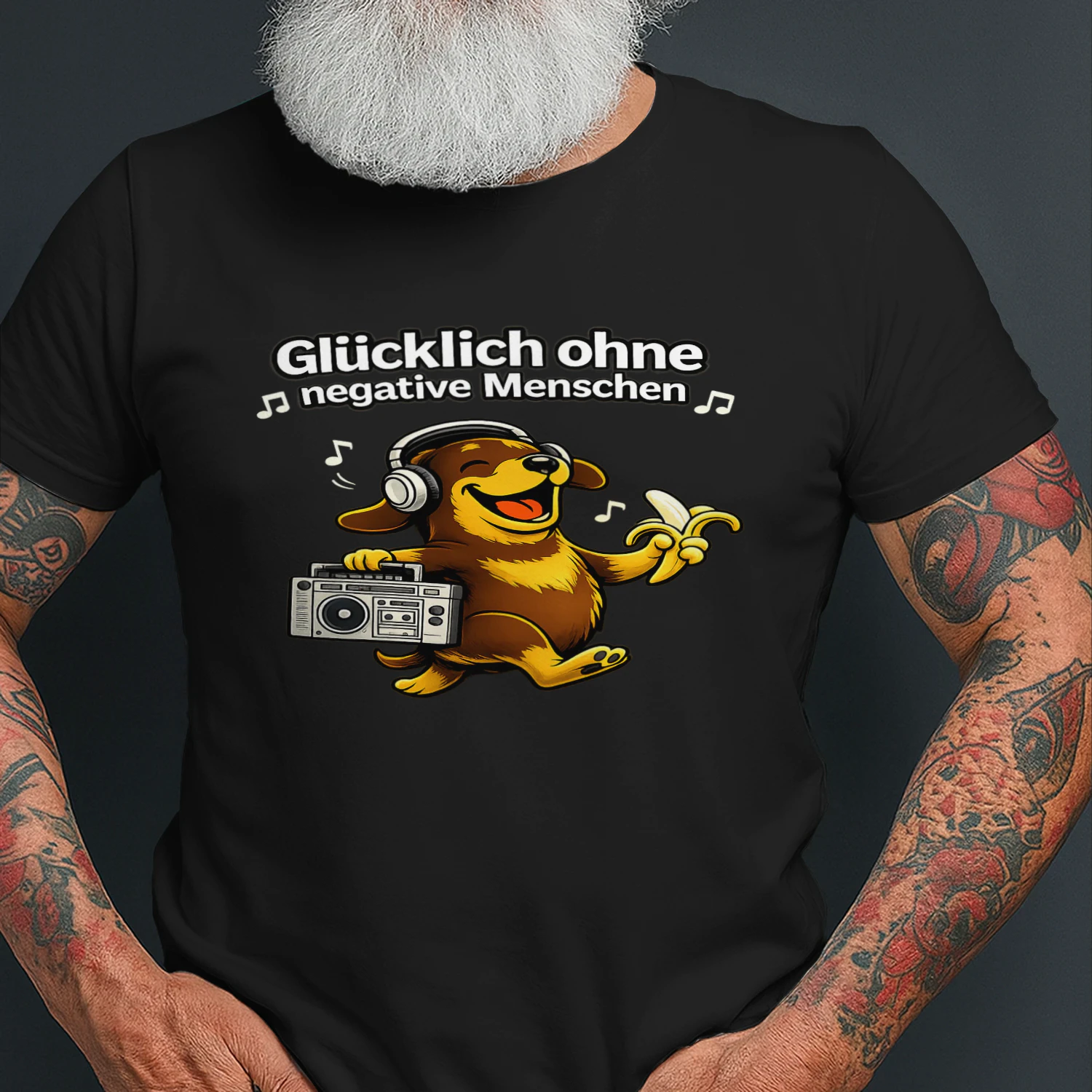 Glücklich ohne negative Menschen – Lustiges Hunde T-Shirt mit Musik-Vibes