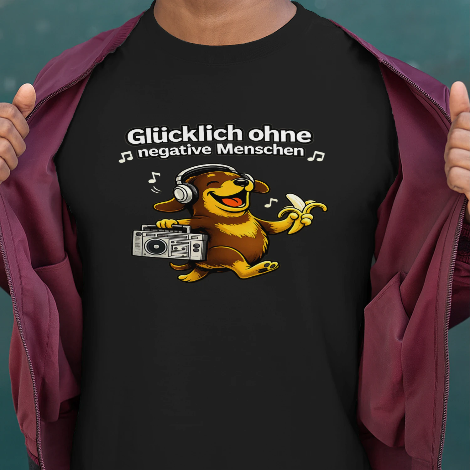 Glücklich ohne negative Menschen – Lustiges Hunde T-Shirt mit Musik-Vibes